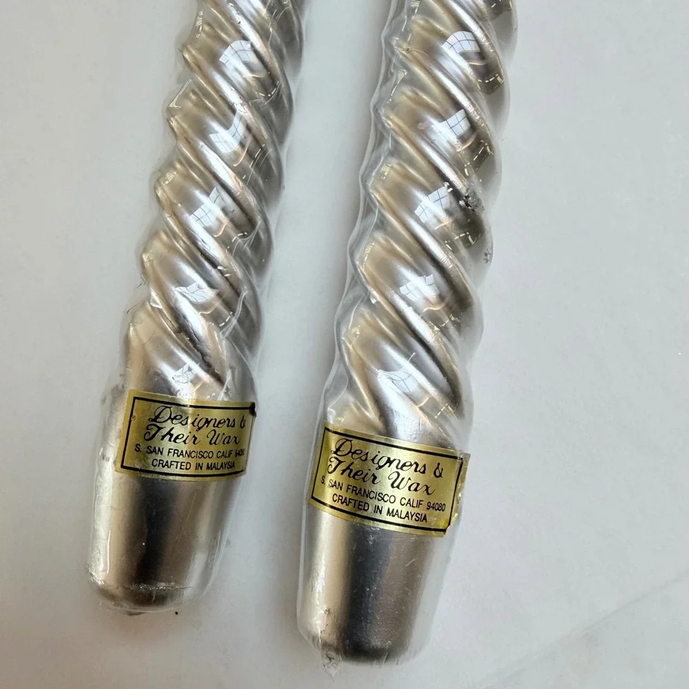 Designers & Their Wax Silver Spiral Taper Candles Vintage Metallic Twisted Pair
